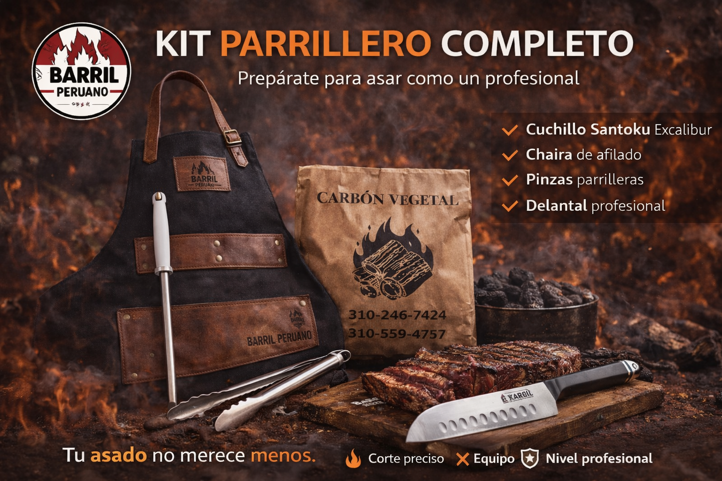 Kit Parrillero Barril Peruano | Delantal, Cuchillo Santoku, Pinzas, Chaira y Carbón