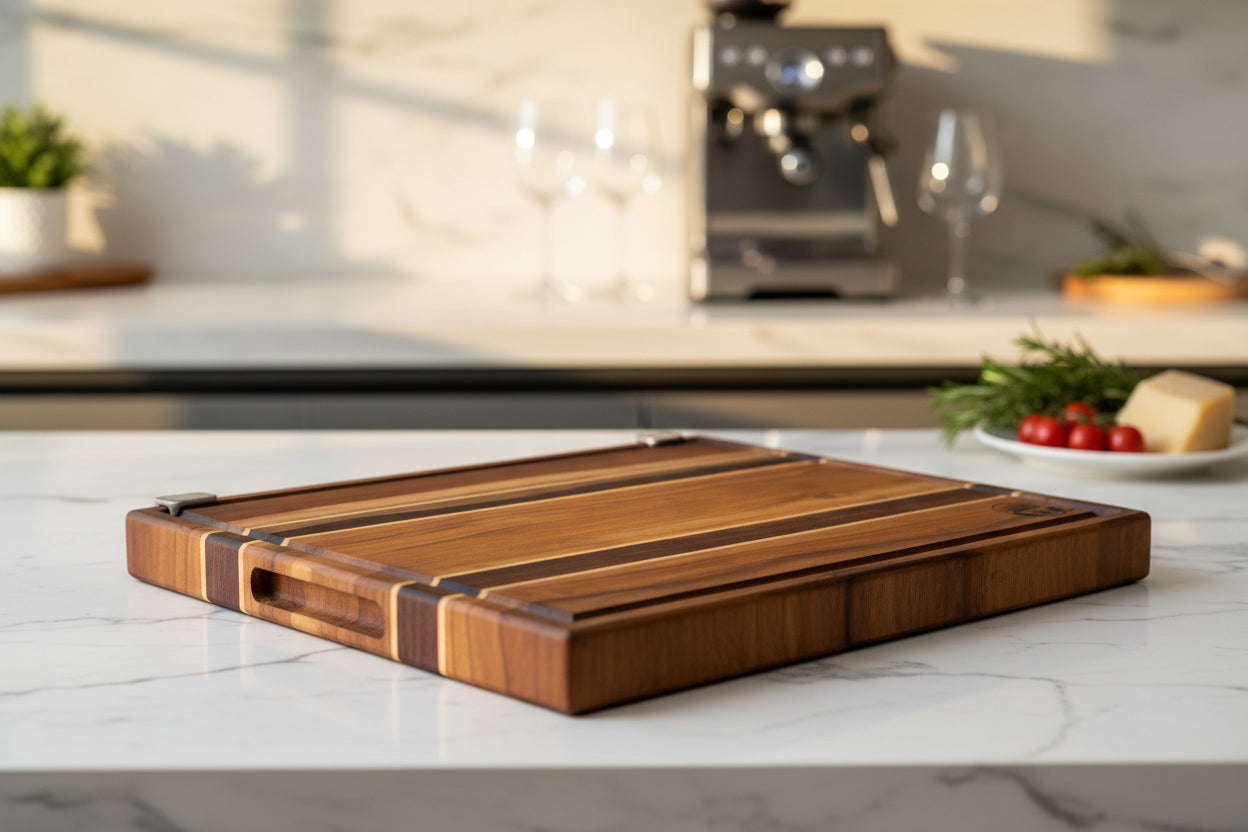 Tabla de teca natural de gran tamaño, resistente al agua y a los cortes. Ideal para carnes, embutidos o servir en la mesa. Perfecta para parrilla, cocina o eventos.