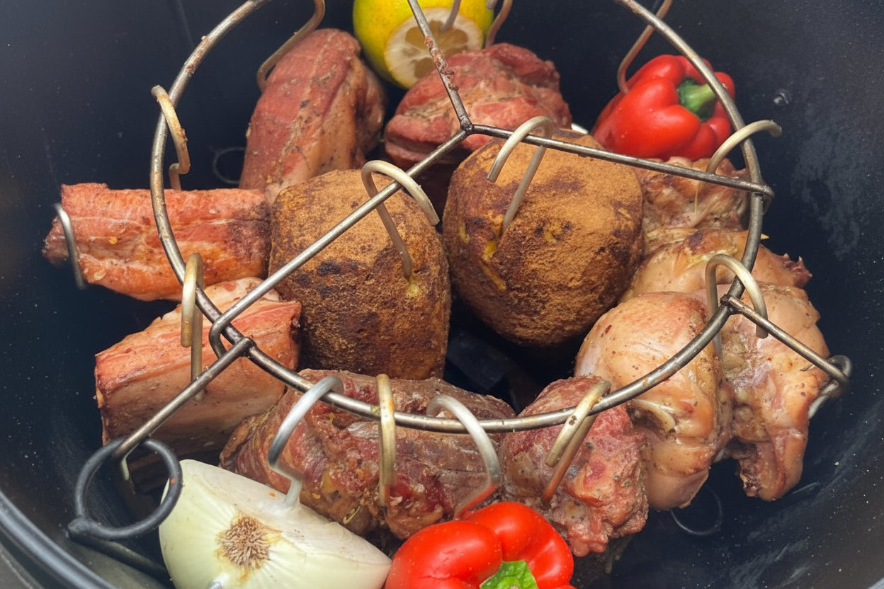 Barril de hierro resistente ideal para asar, hornear y ahumar carnes. Tamaño perfecto para uso familiar o eventos medianos. Cocina con brasa, humo y tradición.