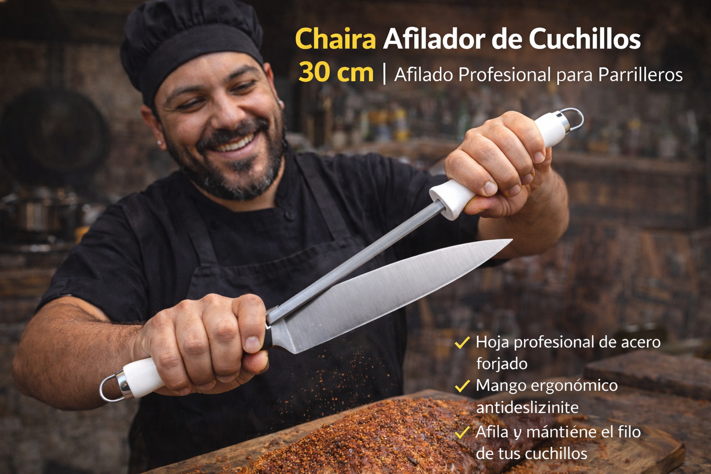Afilador de Cuchillos Tipo Chaira 30 cm | Uso Profesional y Parrillero