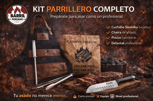 Kit Parrillero Barril Peruano | Delantal, Cuchillo Santoku, Pinzas, Chaira y Carbón